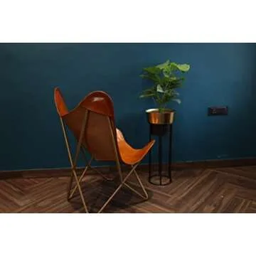 HLC Leather Living Room Chairs-Butterfly Chair Brown Leather Butterfly Chair-Handmade with Powder Coated Folding Iron Frame (Cover with Folding Frame) (Golden Stand)