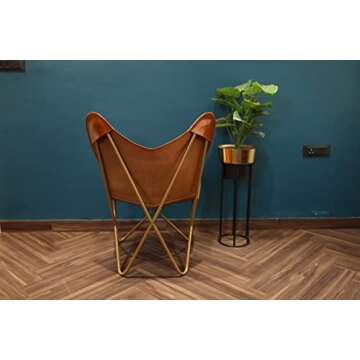 HLC Leather Living Room Chairs-Butterfly Chair Brown Leather Butterfly Chair-Handmade with Powder Coated Folding Iron Frame (Cover with Folding Frame) (Golden Stand)