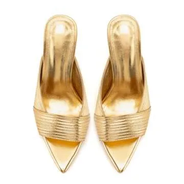 KaroNairy Women's Pointed Open Toe Heels Sandals Slip on Stilettos Heeled Pumps Shoes Wedding Dressy Brushed Gold