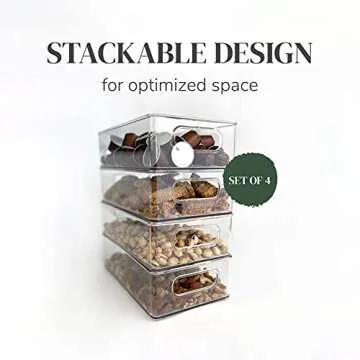 Stackable Fridge Organizer Set of 4 - Clear Organizing Bins for Kitchen Storage, Refrigerator, Freezer, Pantry, Cabinet, and RV Cupboard - Acrylic Food Safe Container, BPA Free Plastic Fridge Bin
