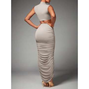 BEAUDRM Women's Sexy 2 Piece Outfits Solid Mock Neck Criss Cross Crop Top Tank Top and Ruched Maxi Skirt Bodycon Skirt Sets Grey Medium