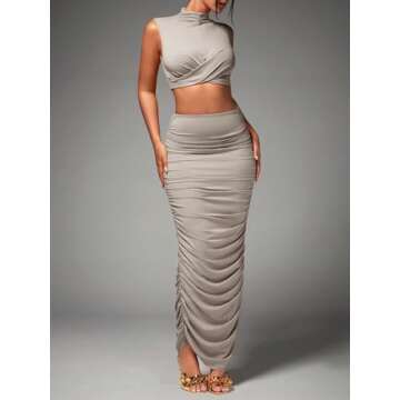 BEAUDRM Women's Sexy 2 Piece Outfits Solid Mock Neck Criss Cross Crop Top Tank Top and Ruched Maxi Skirt Bodycon Skirt Sets Grey Medium