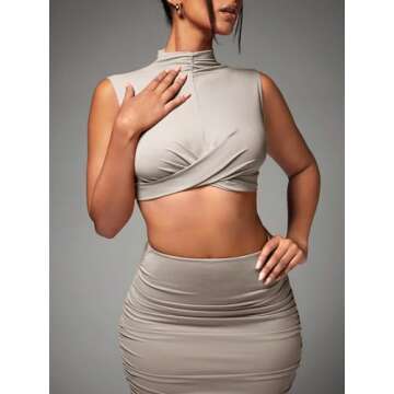BEAUDRM Women's Sexy 2 Piece Outfits Solid Mock Neck Criss Cross Crop Top Tank Top and Ruched Maxi Skirt Bodycon Skirt Sets Grey Medium