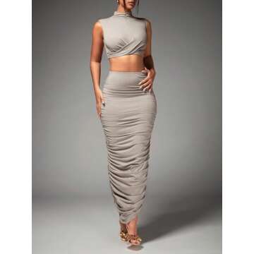 BEAUDRM Women's Sexy 2 Piece Outfits Solid Mock Neck Criss Cross Crop Top Tank Top and Ruched Maxi Skirt Bodycon Skirt Sets Grey Medium