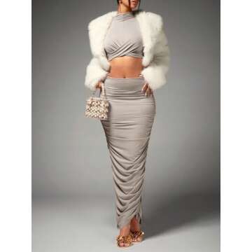 BEAUDRM Women's Sexy 2 Piece Outfits Solid Mock Neck Criss Cross Crop Top Tank Top and Ruched Maxi Skirt Bodycon Skirt Sets Grey Medium