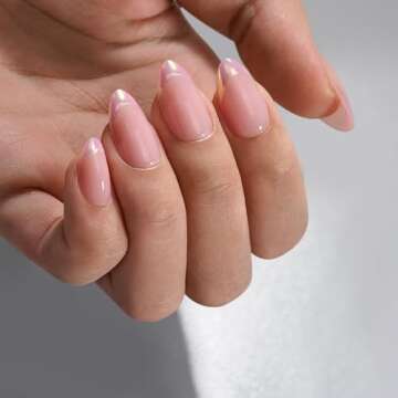 BTArtbox French Tip Press On Nails Almond - Short & Natural Nails with Metallic Chrome Finish