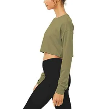 Bestisun Long Sleeve Sports Crop Tops for Women Workout Cropped Athletic Sports Shirts Army Green S