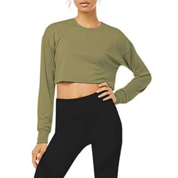 Bestisun Long Sleeve Sports Crop Tops for Women Workout Cropped Athletic Sports Shirts Army Green S