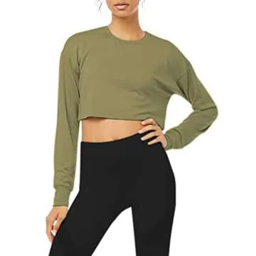 Bestisun Long Sleeve Sports Crop Tops for Women Workout Cropped Athletic Sports Shirts Army Green S