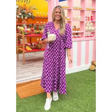 miduo Womens Long Dresses Fashion Summer Spring V Neck Half Sleeve Bohemian Floral Pattern Maxi Long...