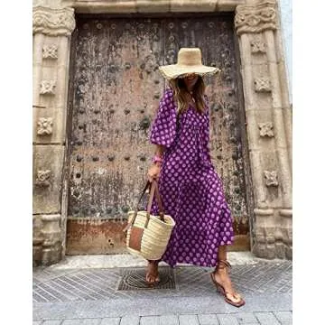 miduo Womens Long Dresses Fashion Summer Spring V Neck Half Sleeve Bohemian Floral Pattern Maxi Long Dresses Beach Purple L