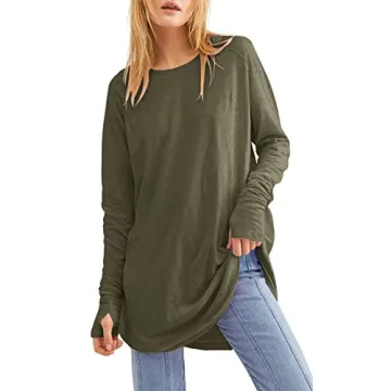 Fisoew Women's Casual Army Green Long Sleeve Tops with Thumb Holes