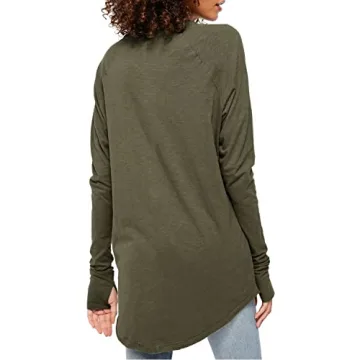 Casual Army Green Long Sleeve Crew Neck Tops with Thumb Holes