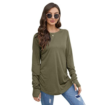Casual Army Green Long Sleeve Crew Neck Tops with Thumb Holes