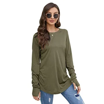 Casual Army Green Long Sleeve Crew Neck Tops with Thumb Holes