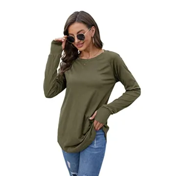 Casual Army Green Long Sleeve Crew Neck Tops with Thumb Holes
