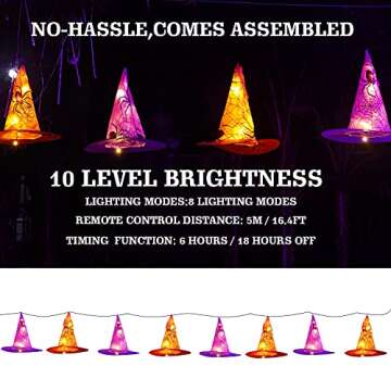 Funpeny Halloween Decoration Lights, 8 PCS Waterproof Hanging Witch Hat with String Lights with Remo...