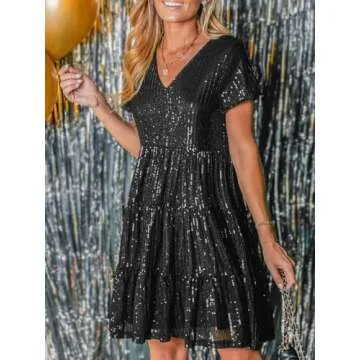 CUPSHE Women's Sequin Dress Elegant Sparkly V Neck Short Sleeve Glitter Mini Dresses Black, L