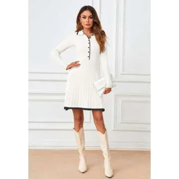 MEROKEETY Women's Long Sleeve V Neck Sweater Dress 2024 Fall Button Ribbed Knit Pleated Mini Dresses, White, X-Large