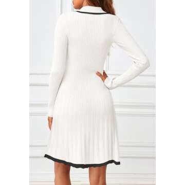 MEROKEETY Women's Long Sleeve V Neck Sweater Dress 2024 Fall Button Ribbed Knit Pleated Mini Dresses, White, X-Large