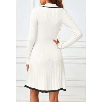 MEROKEETY Women's Long Sleeve V Neck Sweater Dress 2024 Fall Button Ribbed Knit Pleated Mini Dresses, White, X-Large