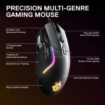 SteelSeries Rival 5 Gaming Mouse with PrismSync RGB Lighting and 9 Programmable Buttons – FPS, MOBA, MMO, Battle Royale – 18,000 CPI TrueMove Air Optical Sensor - Black