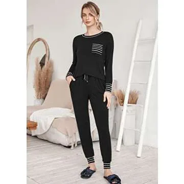Ekouaer Pajamas Women's Long Sleeve Pj Set Soft 2 Piece Loungewear Sleepwear with Jogger Pants Black,XL