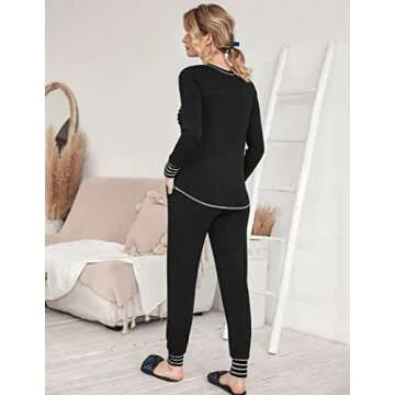 Ekouaer Pajamas Women's Long Sleeve Pj Set Soft 2 Piece Loungewear Sleepwear with Jogger Pants Black,XL