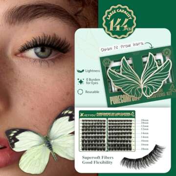 KEYYOU Lash Extension Kit 144pcs Thick Super Soft Lash Clusters,10-18mm D Curl Individual Lashes Kit with Lash Bond and Seal Applicator and Brush Remover Easy to DIY at Home（PC03Kit-D-10-18MIX）