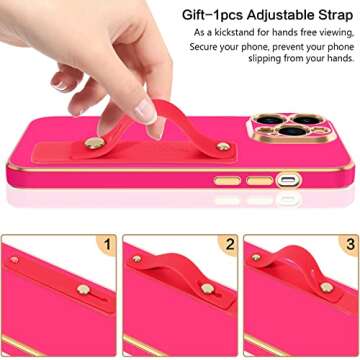 BENTOBEN Compatible with iPhone 14 Pro Max Case, Slim Luxury Electroplated Bumper Women Men Girl Protective Soft Case Cover with Strap for iPhone 14 Pro Max 6.7 inch,Hot Pink/Gold
