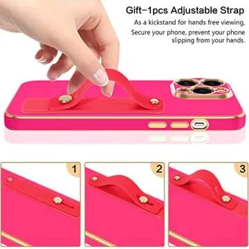 BENTOBEN Compatible with iPhone 14 Pro Max Case, Slim Luxury Electroplated Bumper Women Men Girl Protective Soft Case Cover with Strap for iPhone 14 Pro Max 6.7 inch,Hot Pink/Gold
