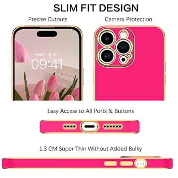 BENTOBEN Compatible with iPhone 14 Pro Max Case, Slim Luxury Electroplated Bumper Women Men Girl Protective Soft Case Cover with Strap for iPhone 14 Pro Max 6.7 inch,Hot Pink/Gold