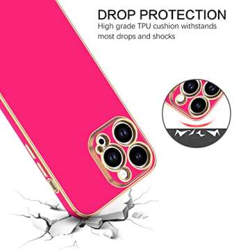 BENTOBEN Compatible with iPhone 14 Pro Max Case, Slim Luxury Electroplated Bumper Women Men Girl Protective Soft Case Cover with Strap for iPhone 14 Pro Max 6.7 inch,Hot Pink/Gold