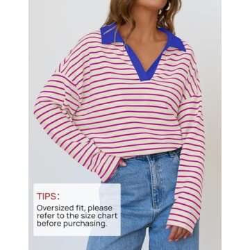 ZESICA Womens Striped Long Sleeve Tops Oversized Sweatshirt V Neck Loose Fit Tunic Tops Spring Casua...