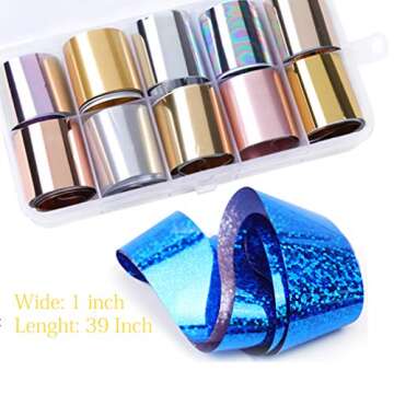 AIFAIFA Nail Foil Nail Art Foil Glue Gel 1 Bottle 16ML with 10PCS, Metallic Transfer Nail Foils, Manicure Art DIY Metal Stickers Gold, Silver, Rose Foil for Nails, Stickers Required Nail Lamp Soak Off