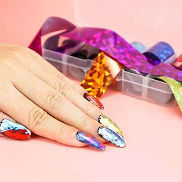 AIFAIFA Nail Foil Nail Art Foil Glue Gel 1 Bottle 16ML with 10PCS, Metallic Transfer Nail Foils, Manicure Art DIY Metal Stickers Gold, Silver, Rose Foil for Nails, Stickers Required Nail Lamp Soak Off