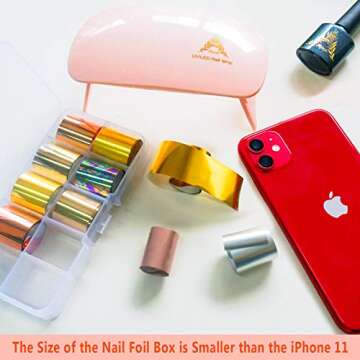 AIFAIFA Nail Foil Nail Art Foil Glue Gel 1 Bottle 16ML with 10PCS, Metallic Transfer Nail Foils, Manicure Art DIY Metal Stickers Gold, Silver, Rose Foil for Nails, Stickers Required Nail Lamp Soak Off