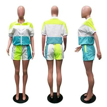 Ophestin Womens Casual 2 Piece Outfits Patchwork Half Sleeve Jacket Shorts Sets Blue + Green Size S