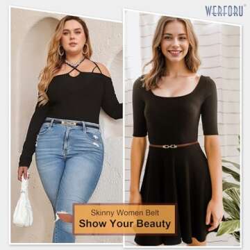 WERFORU 2 Pack Women Skinny Belt for Dress,Thin Waist Belt - Adjustable Leather Belt with Gold Buckl...