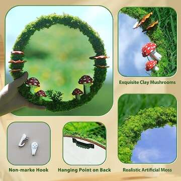 EVOLUX Mushroom Mirror Small Wall Decorative Mirror Handmade Moss Round Mirror Cottage Core Decor Mushroom Decor Room Decor Aesthetic Mirror(11")