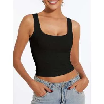 AnotherChill Women's Ribbed Crop Tank Tops Scoop Neck High Back Basic Sleeveless Rib Shirt Summer Athletic Top (Black, Medium)