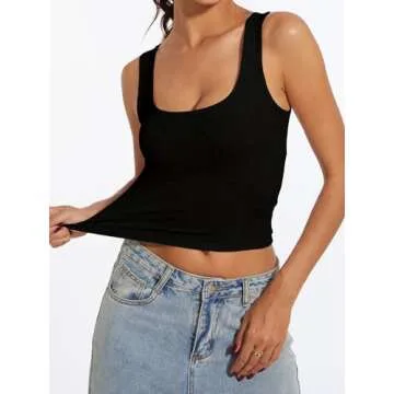 AnotherChill Women's Ribbed Crop Tank Tops Scoop Neck High Back Basic Sleeveless Rib Shirt Summer Athletic Top (Black, Medium)