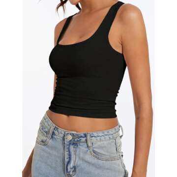 AnotherChill Women's Ribbed Crop Tank Tops Scoop Neck High Back Basic Sleeveless Rib Shirt Summer Athletic Top (Black, Medium)