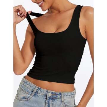 AnotherChill Women's Ribbed Crop Tank Tops Scoop Neck High Back Basic Sleeveless Rib Shirt Summer Athletic Top (Black, Medium)