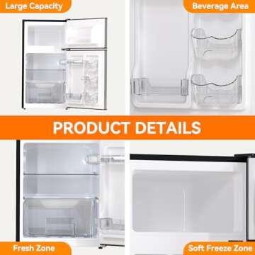 Frestec Mini Fridge with Freezer - 37 dB Quiet Design