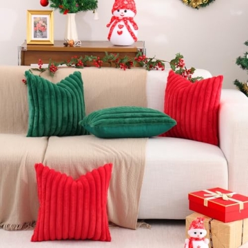 Pallene Faux Fur Plush Throw Pillow Covers 20x20 Set of 2 - Luxury Soft Fluffy Striped Decorative Pillow Covers for Sofa, Couch, Living Room - Christmas Green