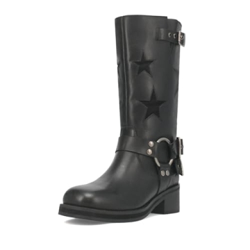 Goolita Buckle Biker Boots Women Square Toe Chunky Heel Star Moto Mid Calf Boots Slip On Motorcycle ...