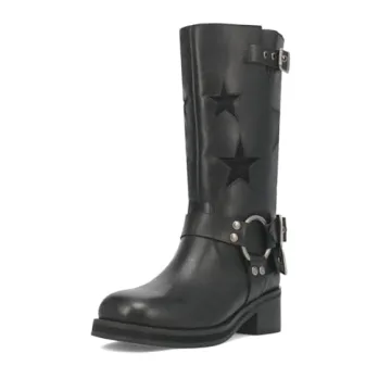 Goolita Buckle Biker Boots Women Square Toe Chunky Heel Star Moto Mid Calf Boots Slip On Motorcycle ...