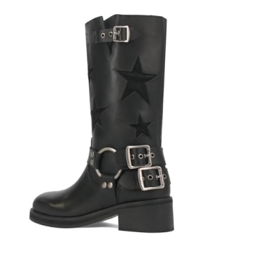 Goolita Women's Biker Boots with Buckle and Chunky Heel