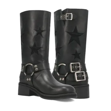 Goolita Women's Biker Boots with Buckle and Chunky Heel